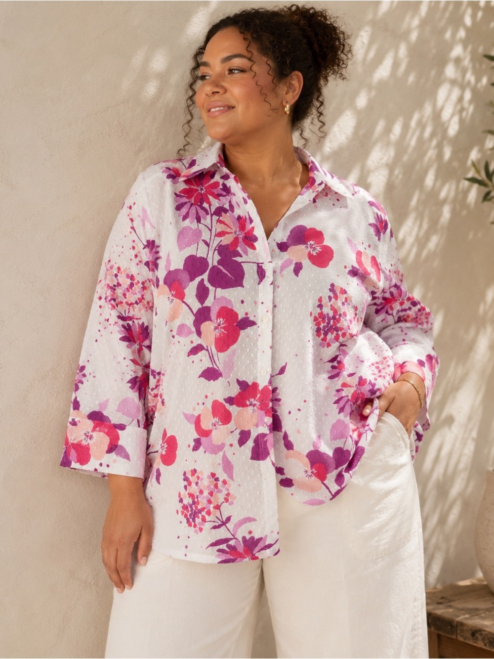 First Issue Liz Claiborne XL Floral Swiss Dot Cotton Clip Dot Button Shirt Pink